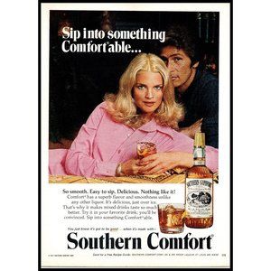 1978 Southern Comfort Whiskey Vintage Print Ad Blonde Pink Shirt Lounge Wall Art